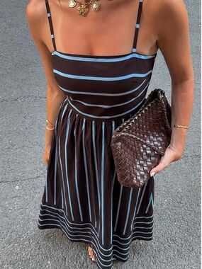 Women’s Summer Dress Cutout back Spaghetti Straps Small Striped Brown Blue